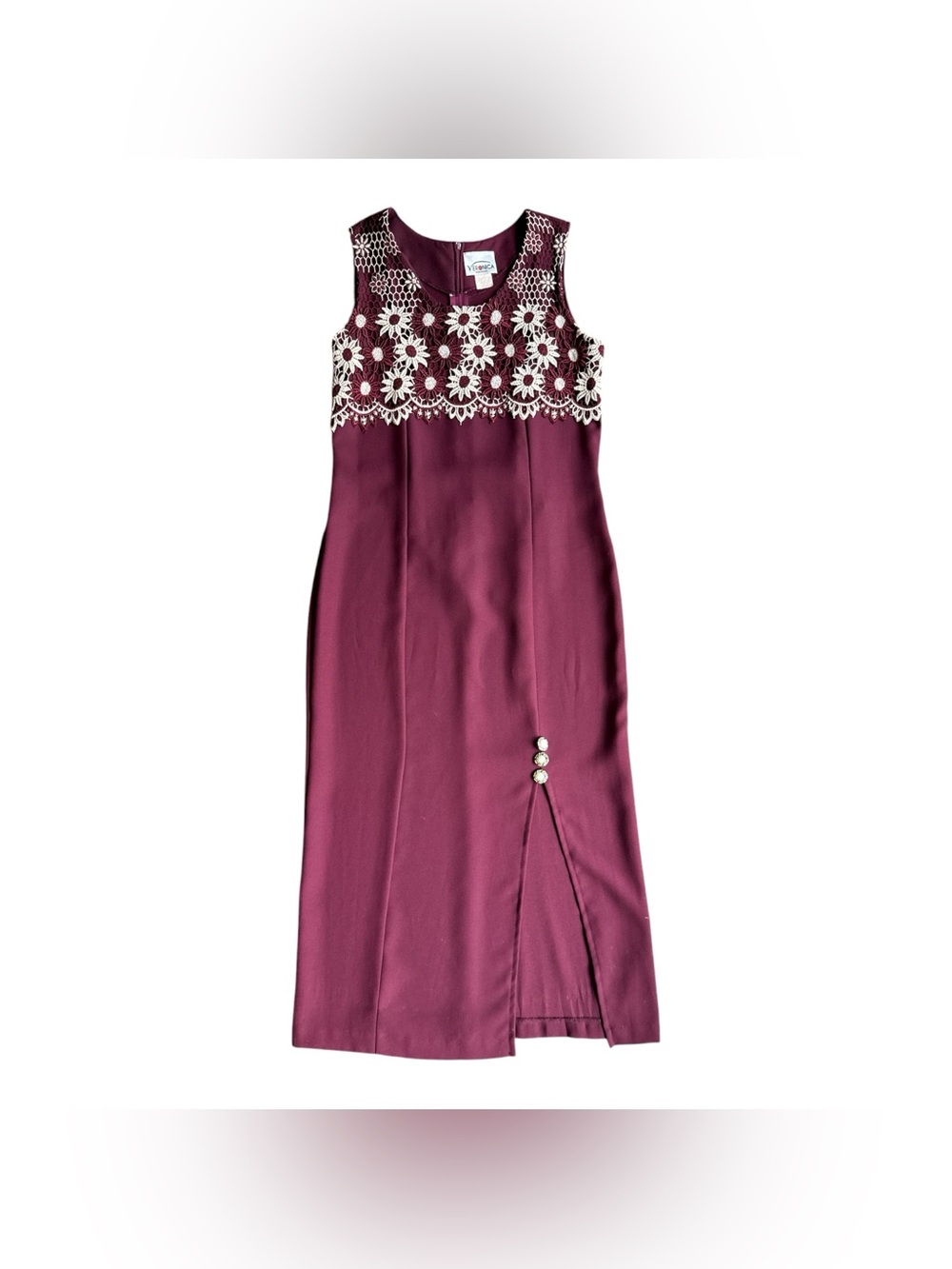 Cherokee Burgundy Dress with Ivory Floral Lace Bodice Wedding Guest- Vintage 90s